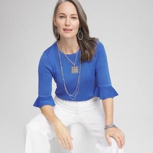 CHICO’S NWT 2 / L Ruffle Crew Neck Pullover Sweater in Blue Pearl • Metallic Rib